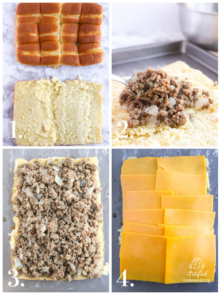 picture showing steps of adding ground beef and cheese to buns