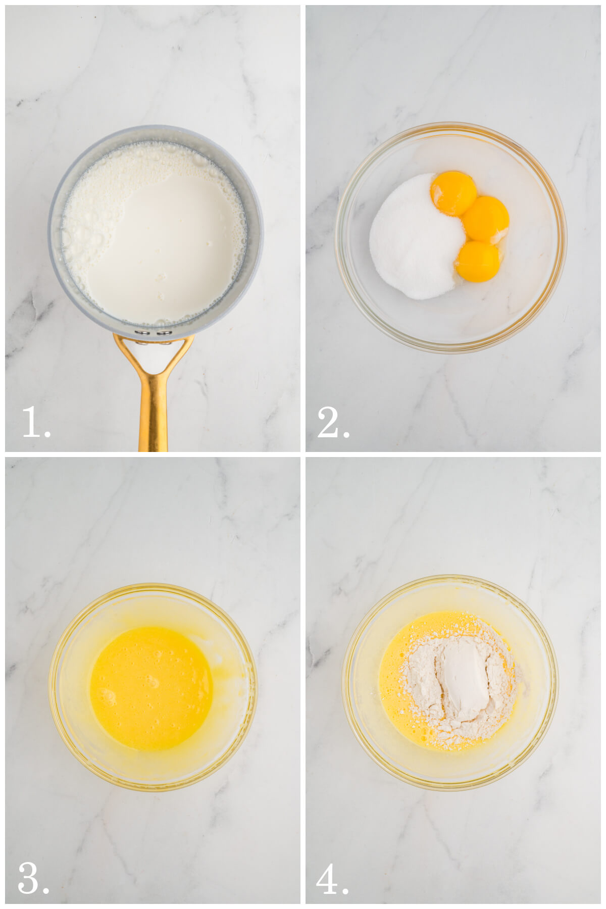 picture showing four steps for the recipe: milk in a saucepan, sugar and eggs in a bowl, and flour being mixed into the bowl