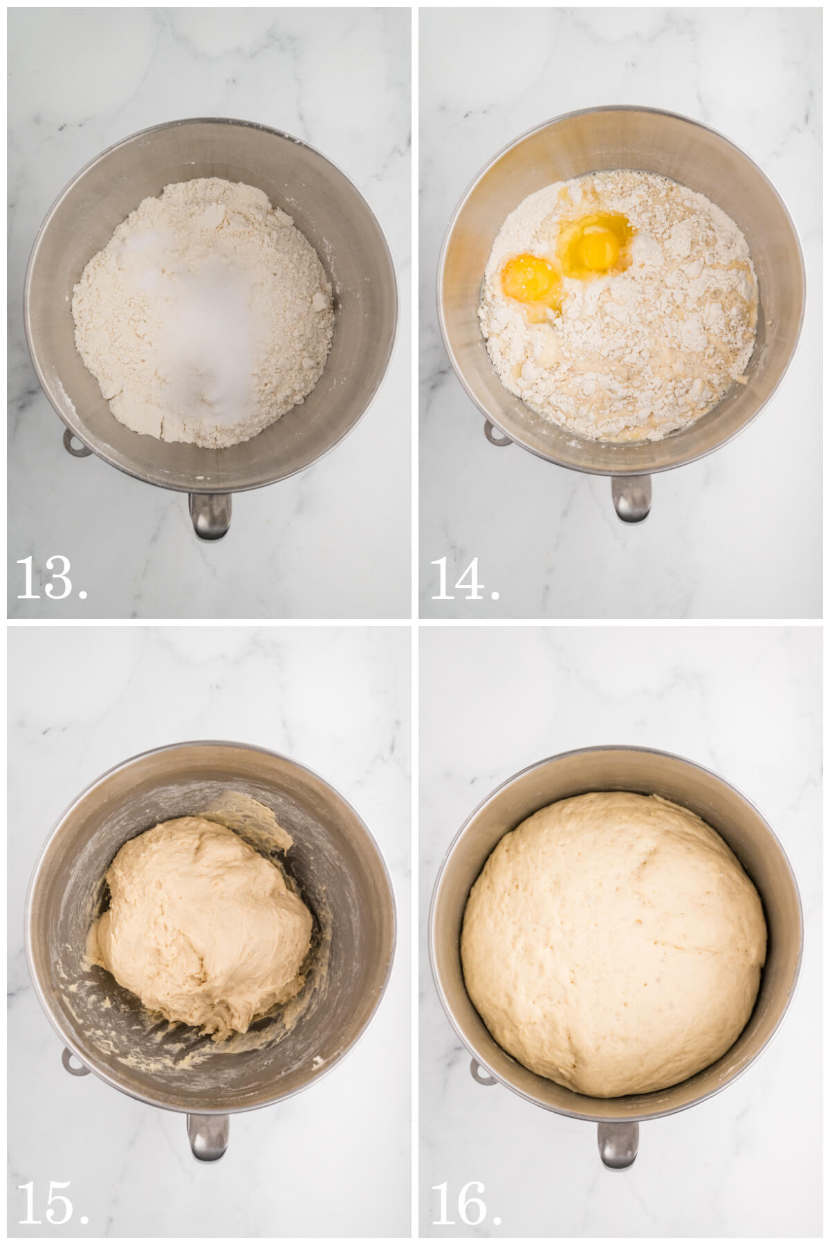 four pictures showing strawberry donut dough in a mixing bowl illustrating steps 13-16