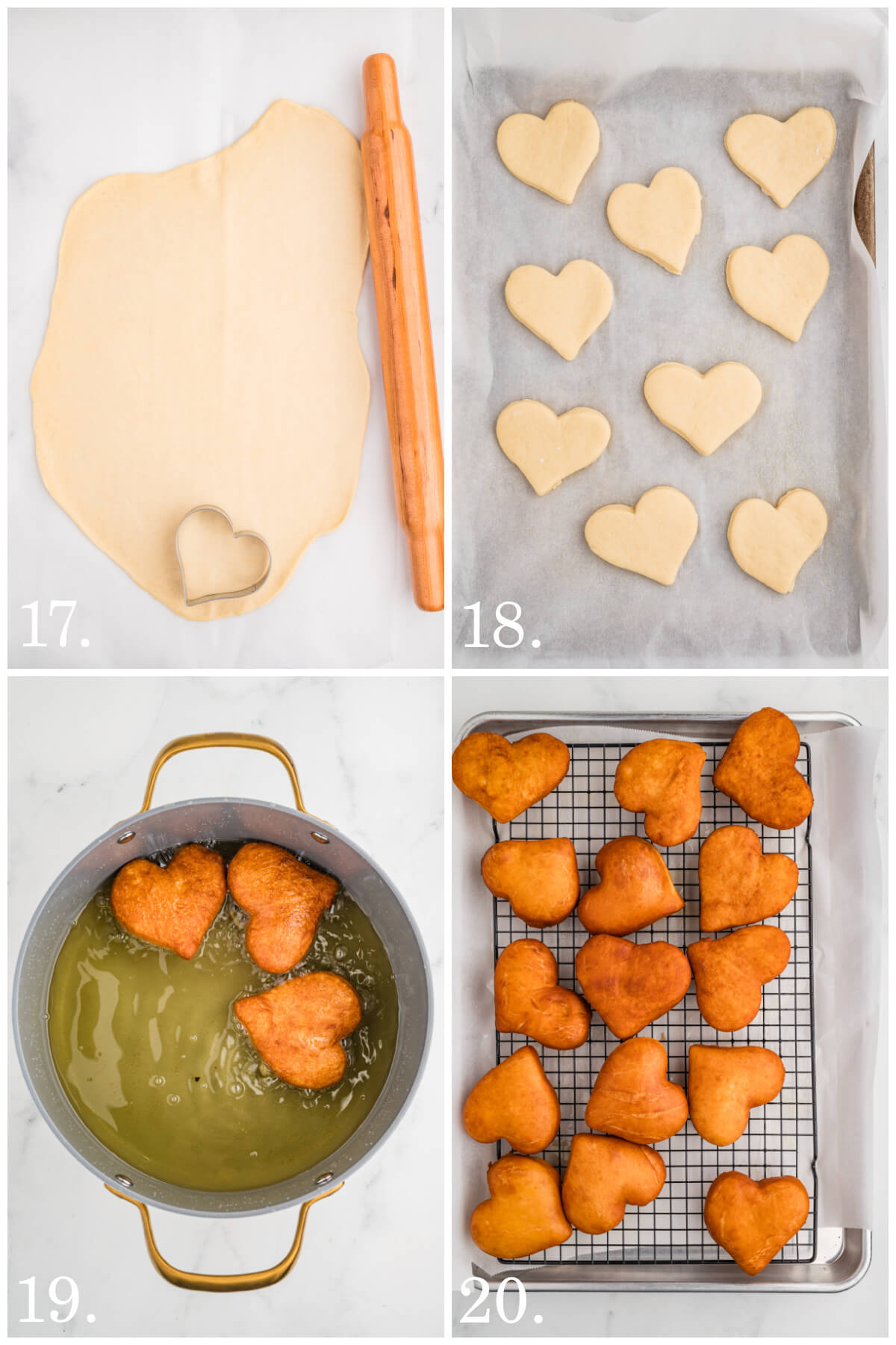 four pictures showing steps 17-20 for making strawberry donuts