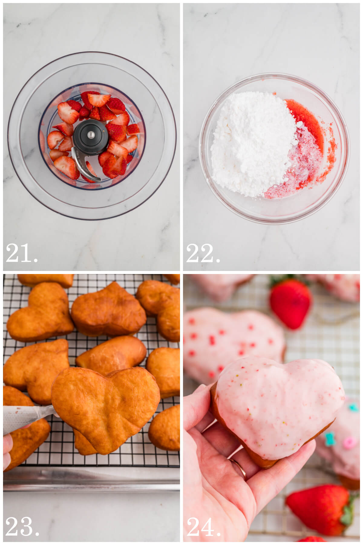 four pictures showing making strawberry glaze for donuts