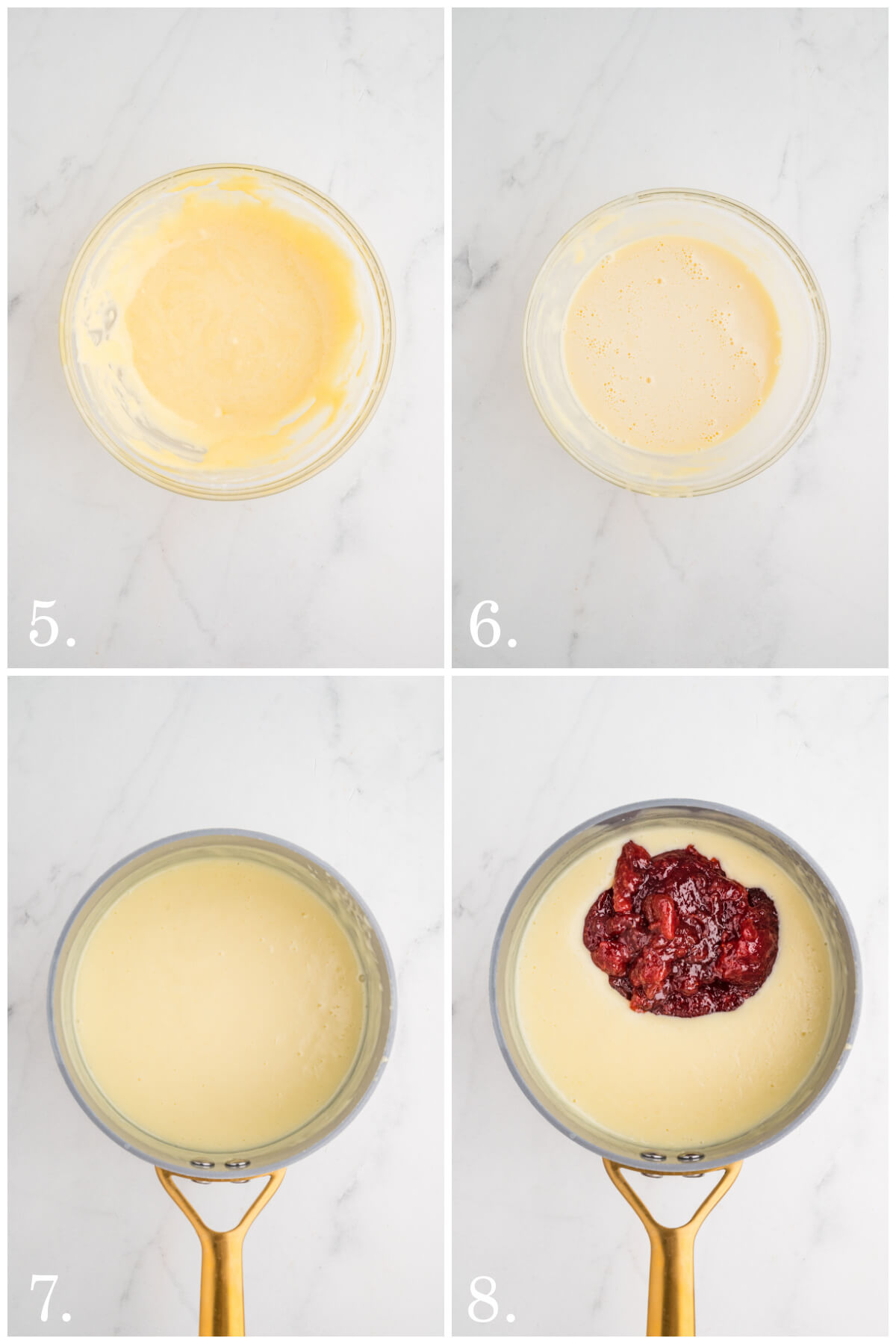 four pictures showing steps 5-8 of making strawberry donuts