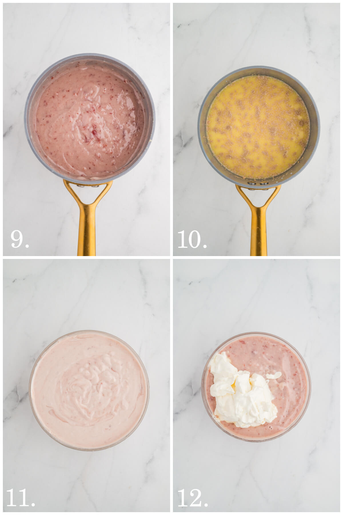 four pictures steps 9-12 of making strawberry donuts 