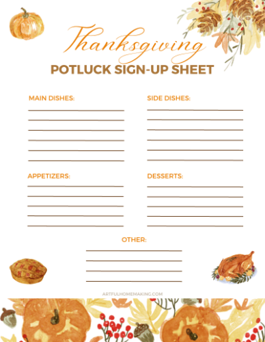 Thanksgiving Potluck List Printable Sign-Up Sheet (Free) - Artful ...