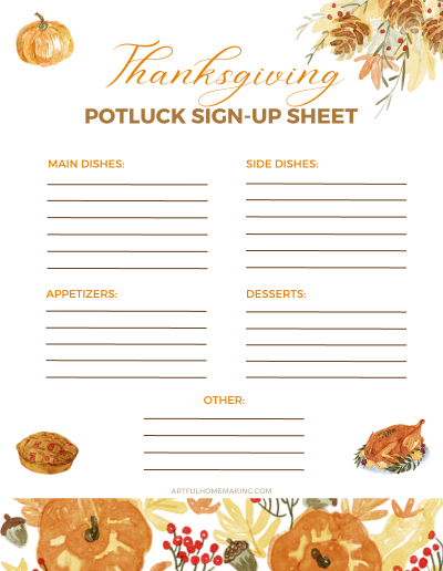 thanksgiving potluck printable sign up sheet