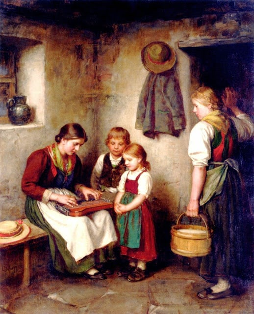 painting of homeschooled children gathered around their mother playing a lap harp