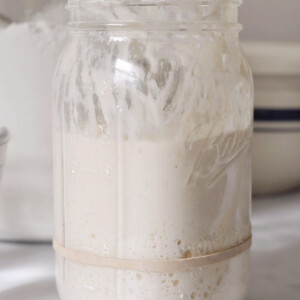 Jar of sourdough starter with a rubber band showing when sourdough starter is ready.
