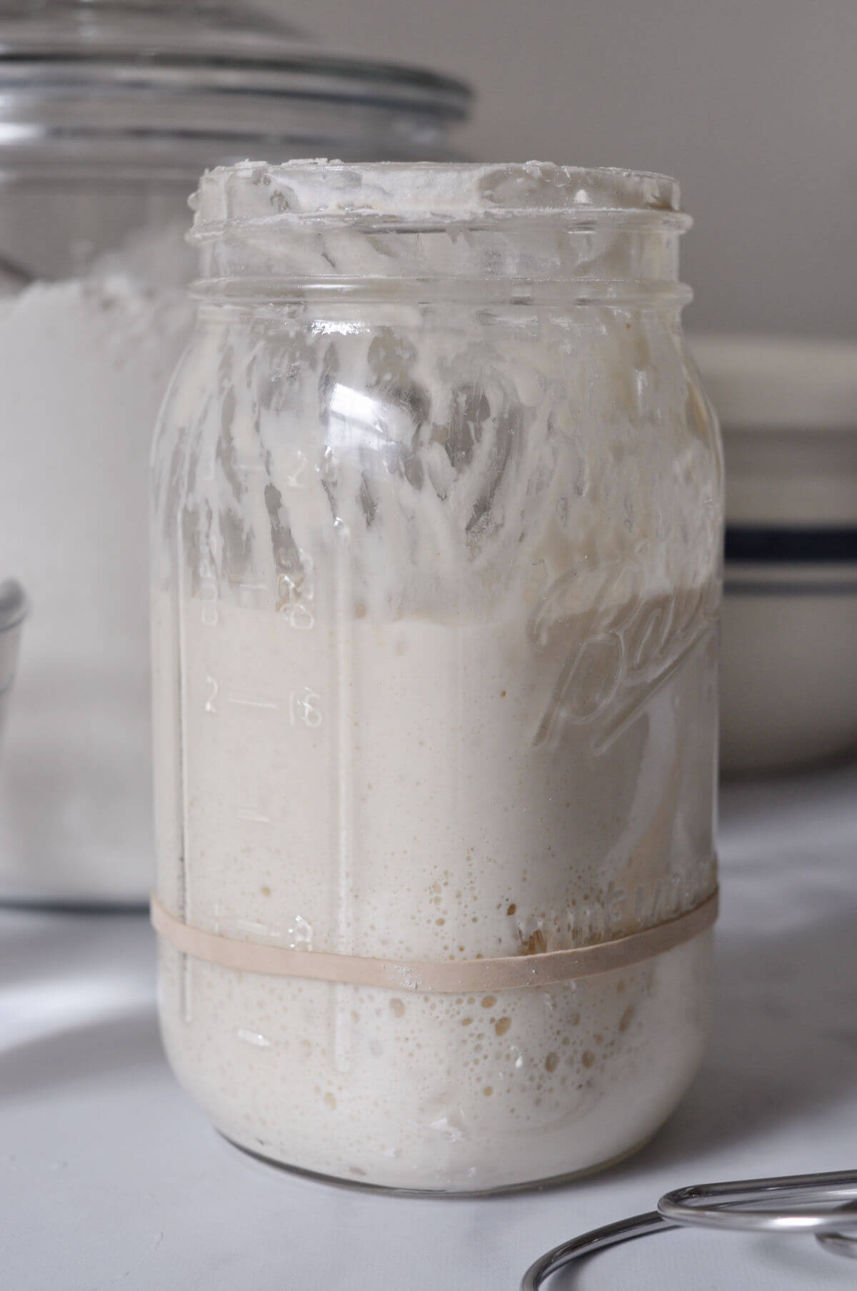 Jar of sourdough starter with a rubber band showing when sourdough starter is ready.