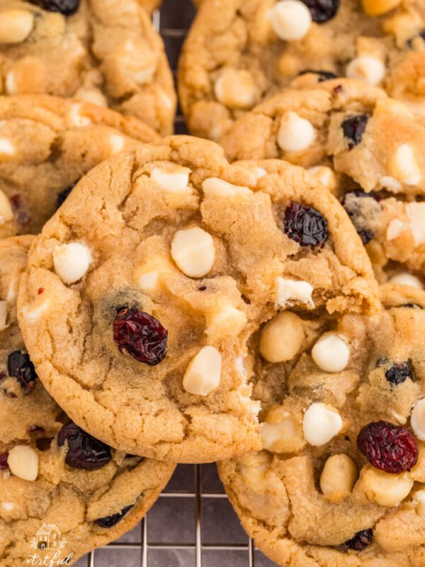 white chocolate macadamia cranberry cookies in a pile