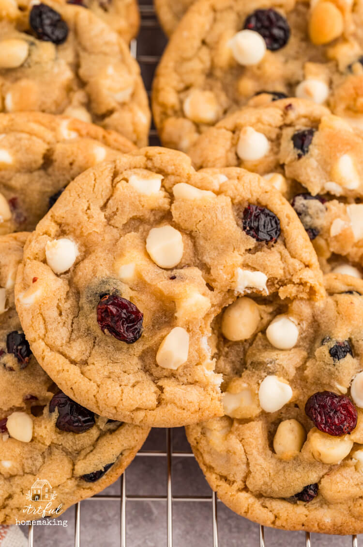 white chocolate macadamia cranberry cookies in a pile