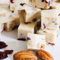 white chocolate cranberry fudge sliced into pieces