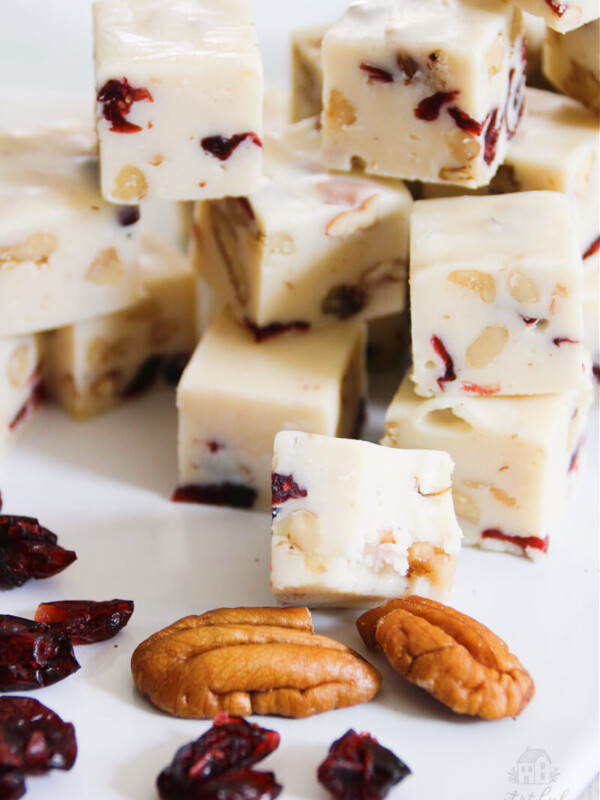 white chocolate cranberry fudge sliced into pieces