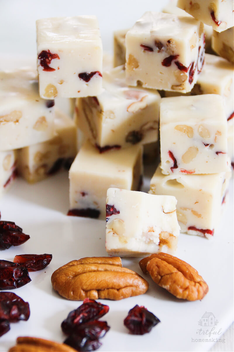 white chocolate cranberry fudge sliced into pieces