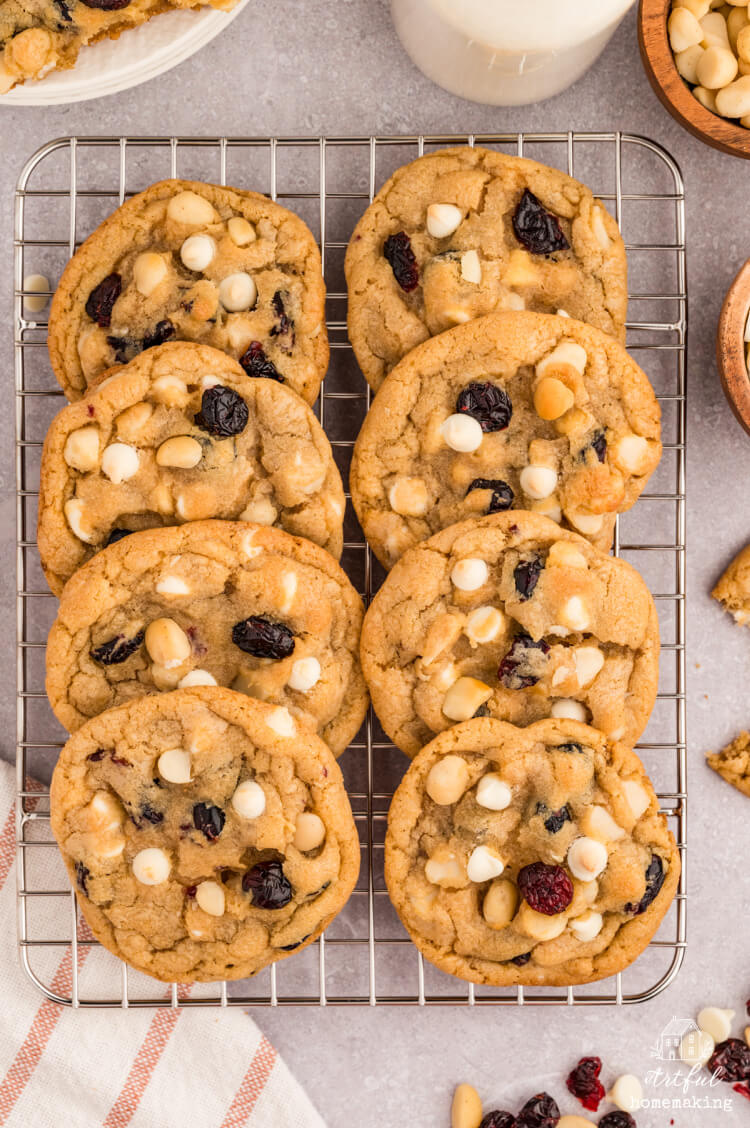 white chocolate macadamia cranberry cookies on a cooling rack