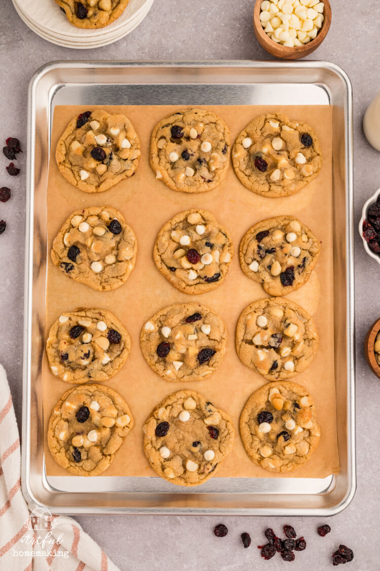 white chocolate macadamia cranberry cookies on baking sheet after removing from oven