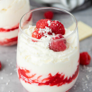 white chocolate raspberry mousse in a glass