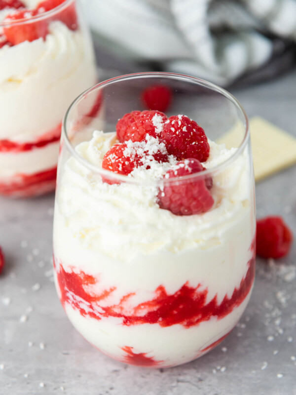 white chocolate raspberry mousse in a glass