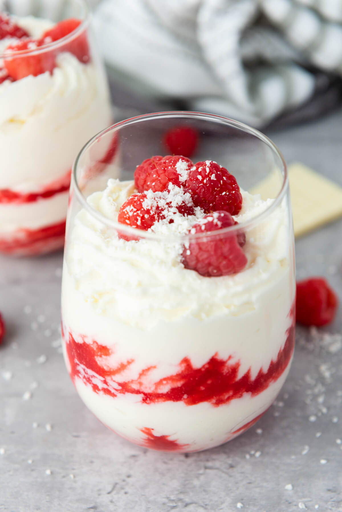 white chocolate raspberry mousse in a glass