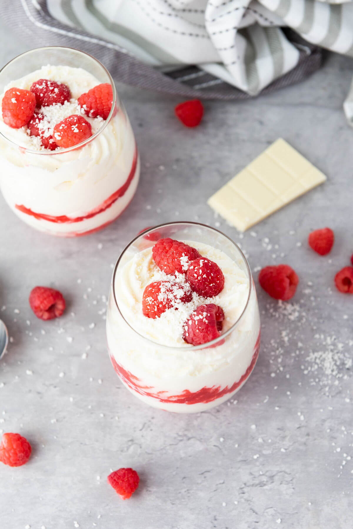 top down view of white chocolate raspberry mousse cups